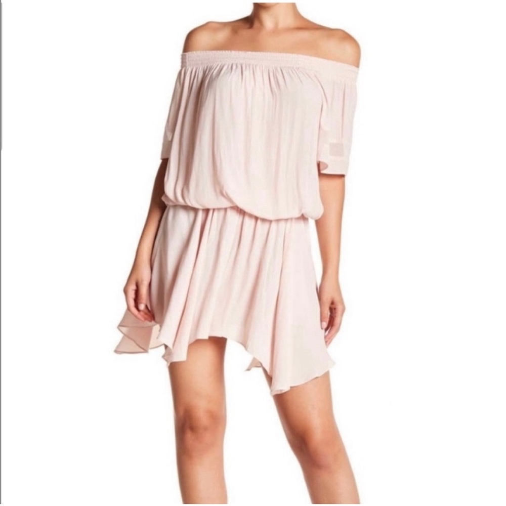 RAMY BROOK Blush Jessica Off the Shoulder Silky Blouson Mini Dress Size Large